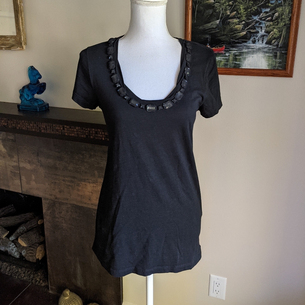 Garnet Hill Mesh Covered Jewel Scoop Neckline T-shirt Top Women's Small Black